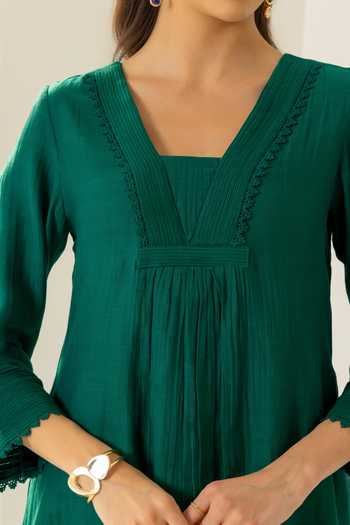 Dohr India_Emerald Green Silk, Cotton, Viscose, Modal V-neck Samira Kurta Set _Online_at_Aza_Fashions