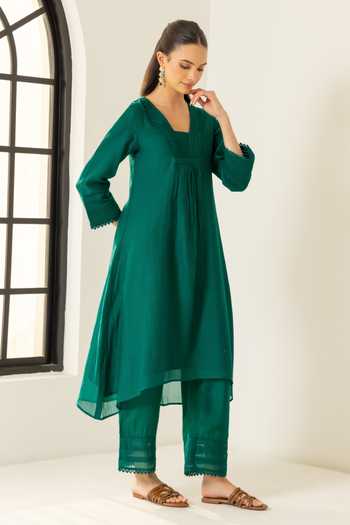 Shop_Dohr India_Emerald Green Silk, Cotton, Viscose, Modal V-neck Samira Kurta Set _Online_at_Aza_Fashions