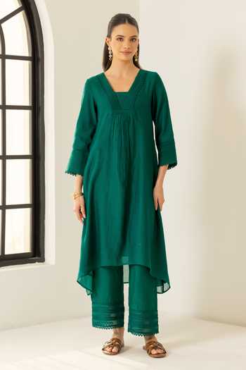 Dohr India_Emerald Green Silk, Cotton, Viscose, Modal V-neck Samira Kurta Set _at_Aza_Fashions