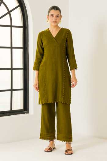Dohr India_Olive Green Silk, Cotton V-neck Amara Kurta Set _Online_at_Aza_Fashions