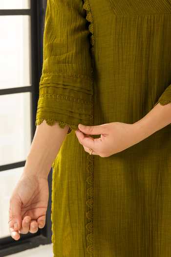 Buy_Dohr India_Olive Green Silk, Cotton V-neck Amara Kurta Set _Online_at_Aza_Fashions
