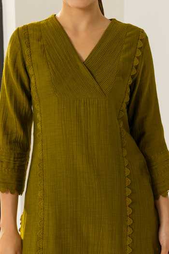 Shop_Dohr India_Olive Green Silk, Cotton V-neck Amara Kurta Set _Online_at_Aza_Fashions