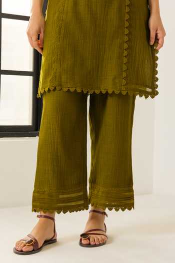 Buy_Dohr India_Olive Green Silk, Cotton V-neck Amara Kurta Set 
