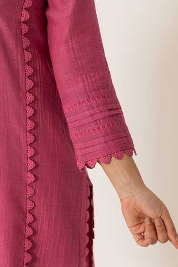 Dohr India_Pink Silk, Cotton V-neck Amara Kurta Set _Online_at_Aza_Fashions