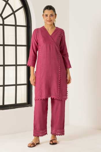 Buy_Dohr India_Pink Silk, Cotton V-neck Amara Kurta Set _Online_at_Aza_Fashions