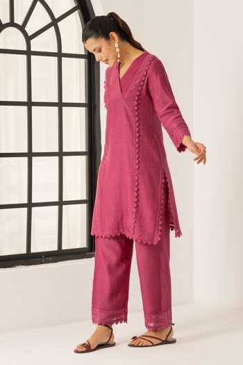 Shop_Dohr India_Pink Silk, Cotton V-neck Amara Kurta Set _Online_at_Aza_Fashions