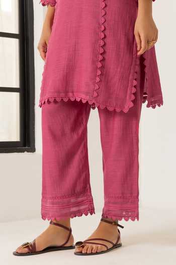 Dohr India_Pink Silk, Cotton V-neck Amara Kurta Set _at_Aza_Fashions