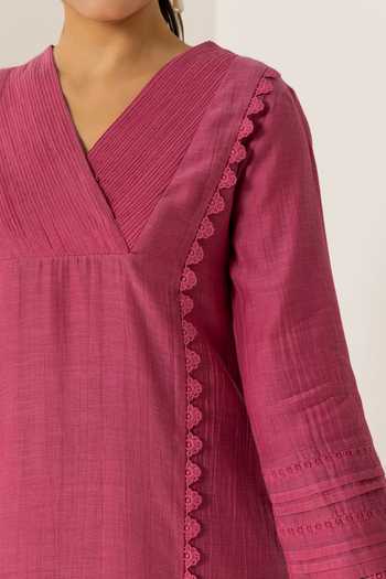 Buy_Dohr India_Pink Silk, Cotton V-neck Amara Kurta Set 