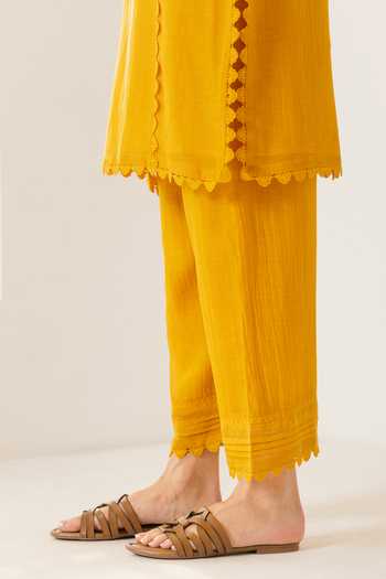 Dohr India_Orange Silk, Cotton V-neck Amara Kurta Set _Online_at_Aza_Fashions