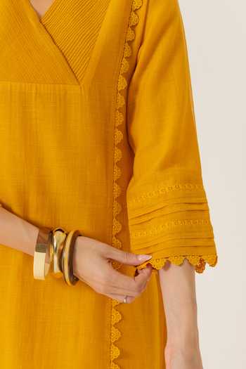 Shop_Dohr India_Orange Silk, Cotton V-neck Amara Kurta Set _Online_at_Aza_Fashions