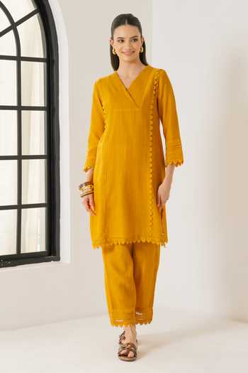 Dohr India_Orange Silk, Cotton V-neck Amara Kurta Set _at_Aza_Fashions