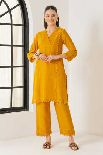 Buy_Dohr India_Orange Silk, Cotton V-neck Amara Kurta Set 