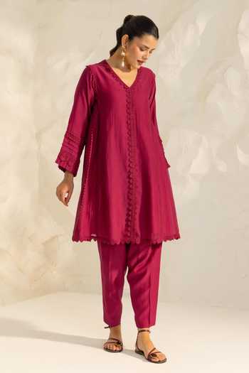 Dohr India_Pink Silk, Cotton V-neck Samara Kurta Set _Online_at_Aza_Fashions