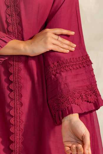 Buy_Dohr India_Pink Silk, Cotton V-neck Samara Kurta Set _Online_at_Aza_Fashions