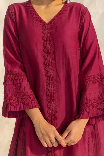 Shop_Dohr India_Pink Silk, Cotton V-neck Samara Kurta Set _Online_at_Aza_Fashions