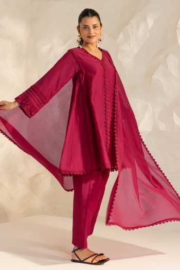 Buy_Dohr India_Pink Silk, Cotton V-neck Samara Kurta Set 
