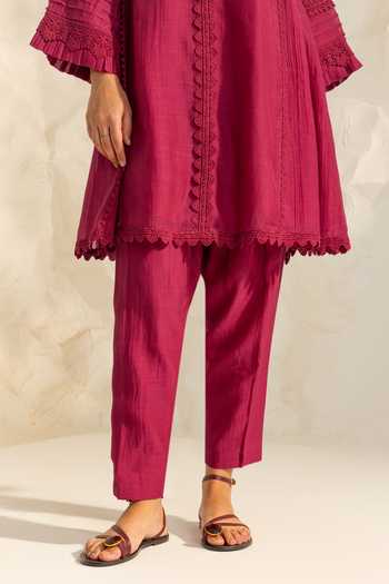 Shop_Dohr India_Pink Silk, Cotton V-neck Samara Kurta Set 