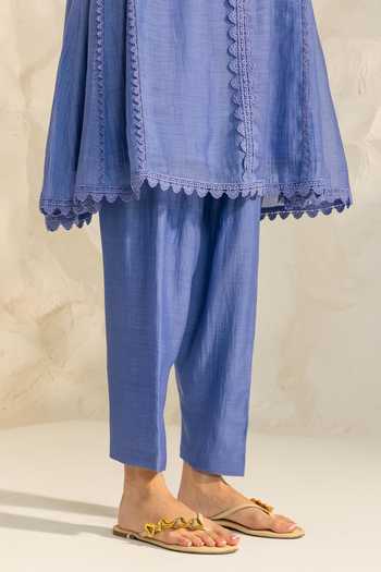 Dohr India_Blue Silk, Cotton V-neck Samara Kurta Set _Online_at_Aza_Fashions