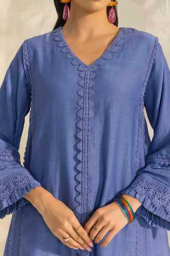 Buy_Dohr India_Blue Silk, Cotton V-neck Samara Kurta Set _Online_at_Aza_Fashions