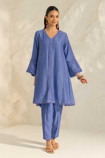 Shop_Dohr India_Blue Silk, Cotton V-neck Samara Kurta Set _Online_at_Aza_Fashions