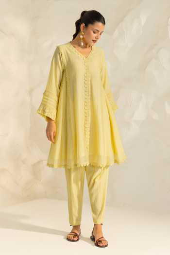 Dohr India_Yellow Silk, Cotton V-neck Samara Kurta Set _Online_at_Aza_Fashions