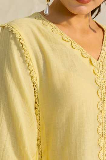 Shop_Dohr India_Yellow Silk, Cotton V-neck Samara Kurta Set _Online_at_Aza_Fashions