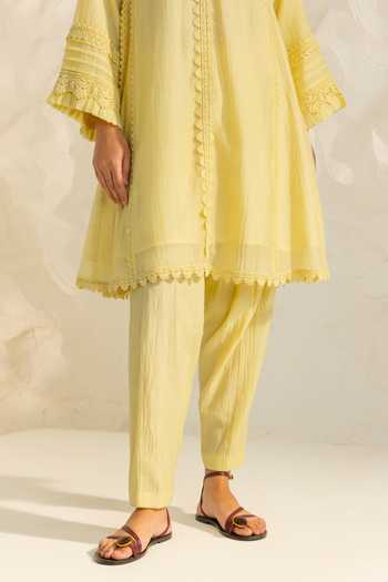 Dohr India_Yellow Silk, Cotton V-neck Samara Kurta Set _at_Aza_Fashions