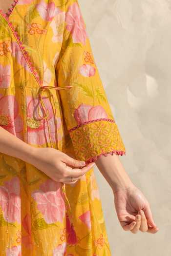 Buy_Dohr India_Yellow Cotton, Silk V-neck, Yes Riva Printed Kurta Set 