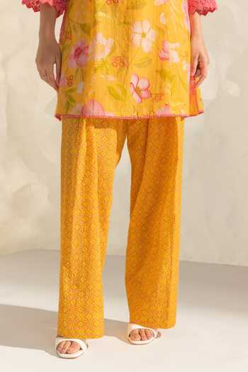 Shop_Dohr India_Yellow Cotton, Silk Round Neck Vanya Printed Kurta Pant Set _Online_at_Aza_Fashions