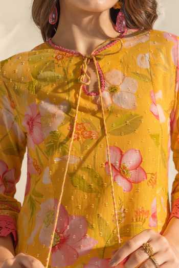 Buy_Dohr India_Yellow Cotton, Silk Round Neck Vanya Printed Kurta Pant Set 
