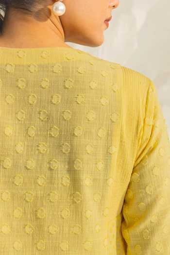 Dohr India_Yellow Cotton, Jacquard, Silk, Kota Kiara Floral Placement Embroidered Kurta Set _at_Aza_Fashions