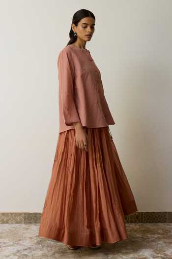 Shop_Rhua_Pink Handloom Cotton Round Neck Kavi Hand Embroidered Top And Skirt Set _Online_at_Aza_Fashions