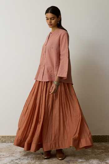 Buy_Rhua_Pink Handloom Cotton Round Neck Kavi Hand Embroidered Top And Skirt Set 