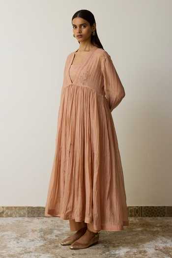 Rhua_Pink Handloom Cotton V-neck Niva Anarkali Set _at_Aza_Fashions