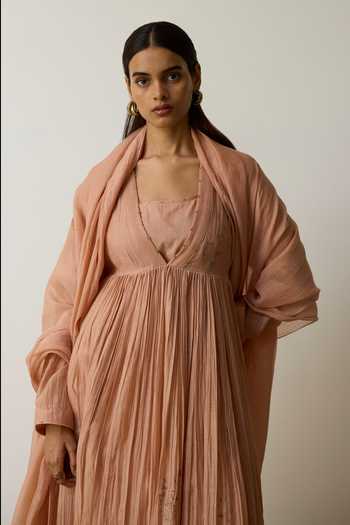 Shop_Rhua_Pink Handloom Cotton V-neck Niva Anarkali Set 