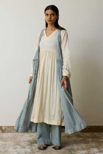 Buy_Rhua_Blue Handloom Cotton V-neck Tavi Angarkha And Anarkali Set 