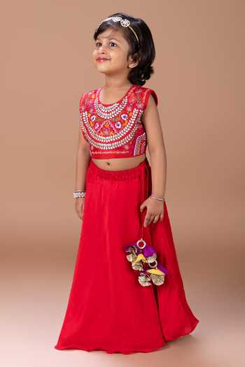 Shop_Little Brats_Red Silk, Cotton Embroidered Blouse And Lehenga Set _Online_at_Aza_Fashions