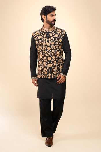 Arihant Rai Sinha_Black Chanderi, Cotton Satin Zari Floral Pattern Bundi Kurta Set _Online_at_Aza_Fashions