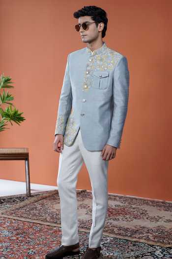 Philocaly_Sky Blue Silk Embroidery, Sequins Zardneel Floral Bandhgala _at_Aza_Fashions