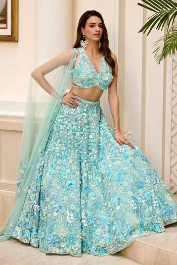 Shop_Opus Atelier_Aqua Polyester, Mesh V-neck Florence Embroidered Lehenga Set _Online_at_Aza_Fashions