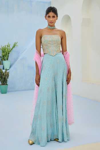 Shop_Chamee & Palak_Blue Crepe, Silk, Net Sequins, Embroidery Suhana Corset And Flared Pant Set 