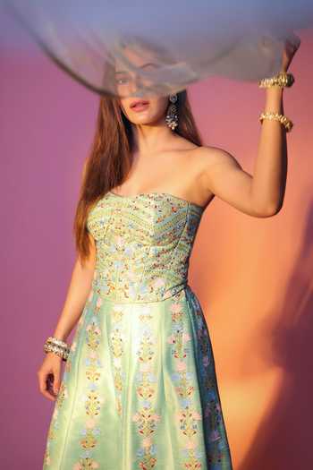 Shop_Chamee & Palak_Green Dupion, Silk, Net Sequins, Embroidery Square Neck Meher Corset And Pant Set 