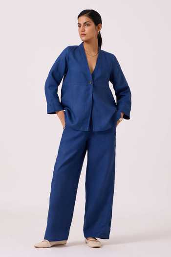 The Summer House_Blue Linen Aldous Ink High Waist Pant _at_Aza_Fashions