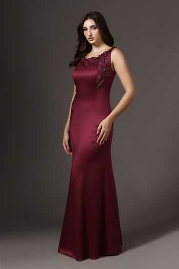 Pooja Peshoria_Wine Satin, Polyester Embroidery Square Neck Placed Gown _Online_at_Aza_Fashions