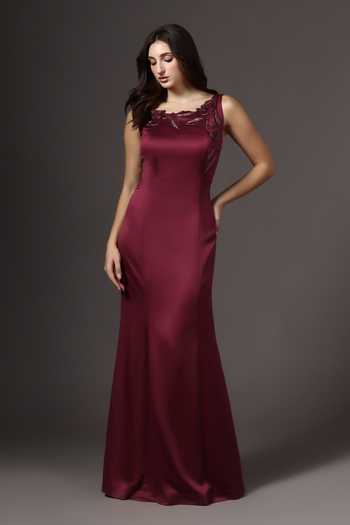 Buy_Pooja Peshoria_Wine Satin, Polyester Embroidery Square Neck Placed Gown _Online_at_Aza_Fashions