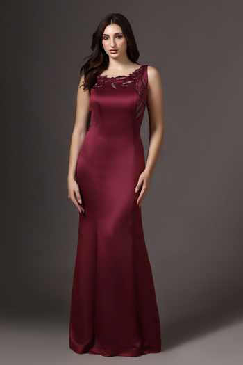 Shop_Pooja Peshoria_Wine Satin, Polyester Embroidery Square Neck Placed Gown _Online_at_Aza_Fashions