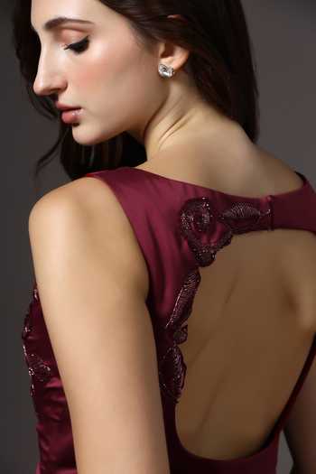 Pooja Peshoria_Wine Satin, Polyester Embroidery Square Neck Placed Gown _at_Aza_Fashions