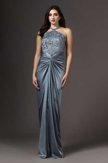 Pooja Peshoria_Grey Polyester Embroidery, Beads, Crystals Halter Neck Hand Bodice Gown _Online_at_Aza_Fashions