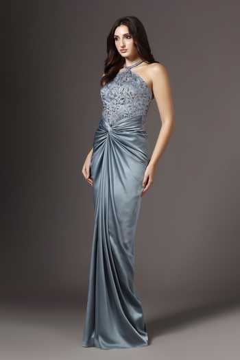 Buy_Pooja Peshoria_Grey Polyester Embroidery, Beads, Crystals Halter Neck Hand Bodice Gown _Online_at_Aza_Fashions