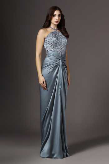 Shop_Pooja Peshoria_Grey Polyester Embroidery, Beads, Crystals Halter Neck Hand Bodice Gown _Online_at_Aza_Fashions